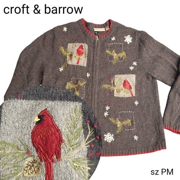 Croft & Barrow Christmas Cardinal Wool Angora Blend Zip Up Whimsical Sweater - Picture 1 of 12